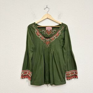JOHNNY WAS JWLA Embroidered Pleated Puff-Sleeve Blouse Forest Green